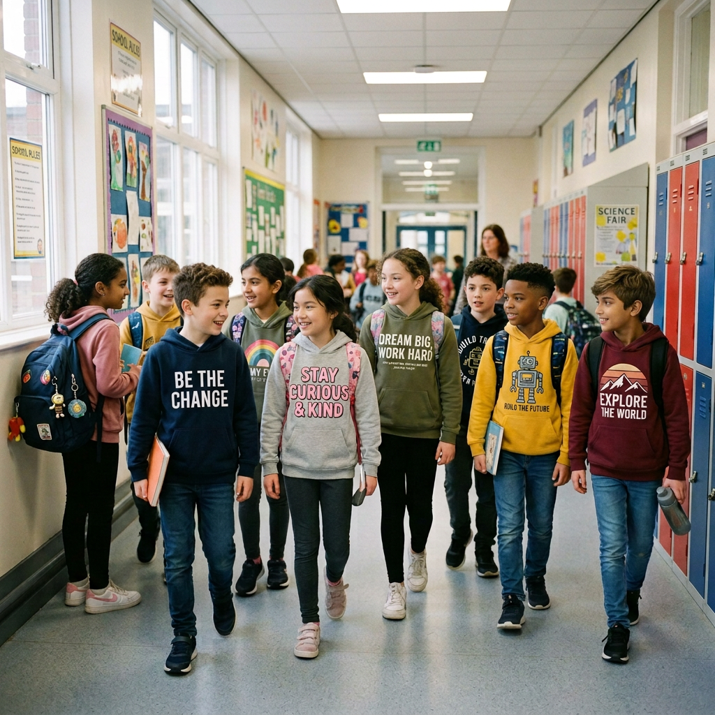 Elementary school children walking in hallway with backpacks and smiling